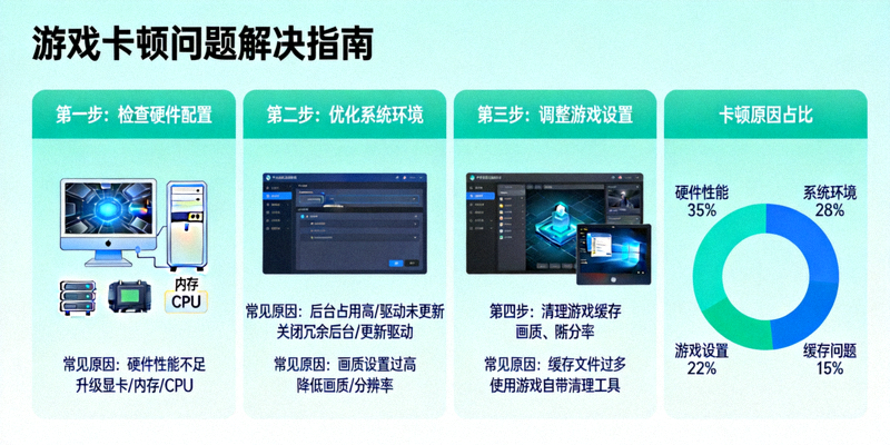 解决游戏卡顿问题的步骤图示，展示常见的卡顿原因和解决方案
