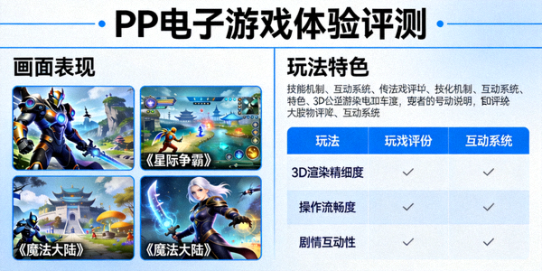 PP电子服务集团官网游戏体验评测展示，包括游戏画面和玩法特色对比