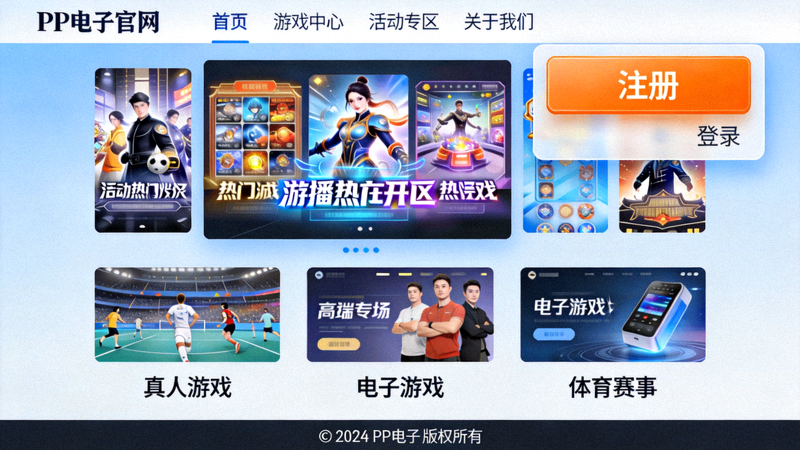 PP电子官网首页截图，展示网站主界面和注册按钮位置