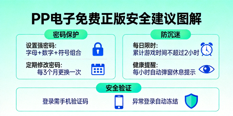 PP电子免费正版安全建议图解，包括密码保护、防沉迷等
