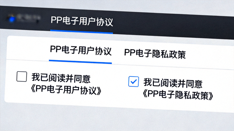 PP电子用户协议和隐私政策勾选框截图，展示同意条款的位置