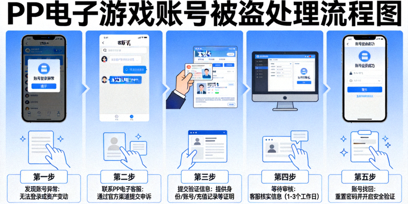 PP电子游戏账号被盗处理流程图，展示从发现被盗到找回账号的步骤