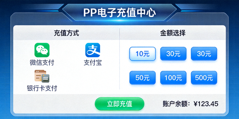 PP电子游戏充值页面截图，展示不同的充值方式和金额选择