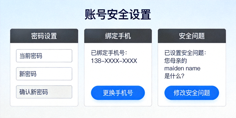 PP电子游戏账号安全设置界面截图，展示密码设置、绑定手机和安全问题等选项