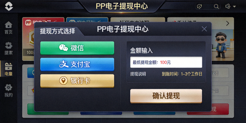 PP电子游戏提现页面截图，展示提现方式选择和金额输入