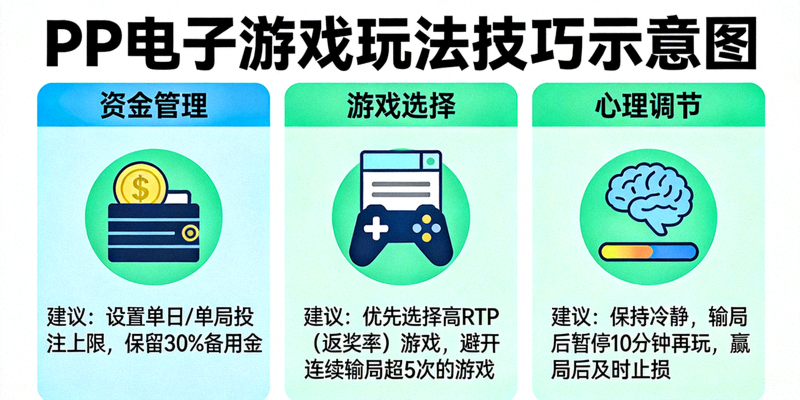 PP电子游戏玩法技巧示意图，展示资金管理、游戏选择和心理调节等方面的建议