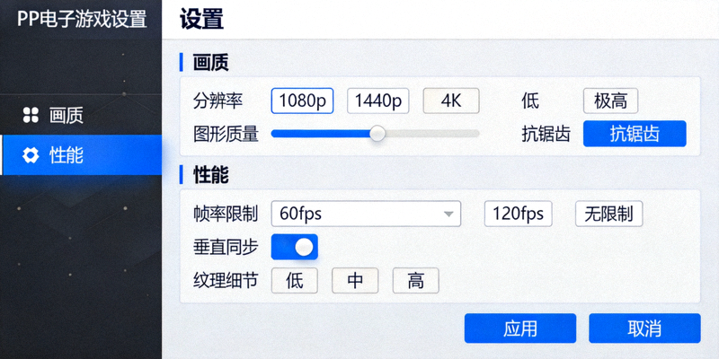 PP电子游戏设置界面截图，展示画质和性能选项