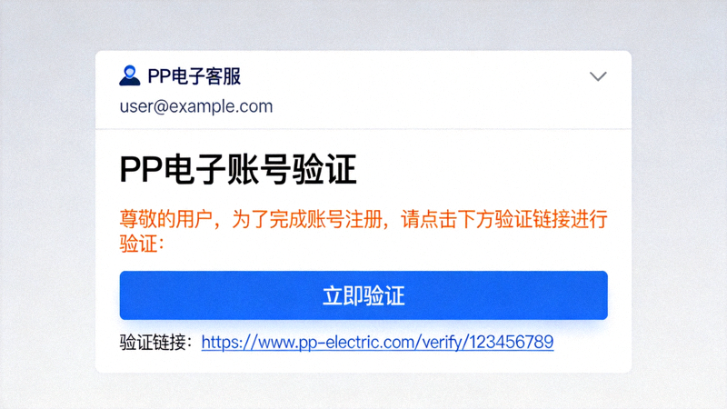 PP电子账号验证邮件示例截图，展示验证链接的位置