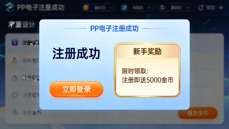 PP电子注册成功页面截图，展示登录按钮和新手奖励